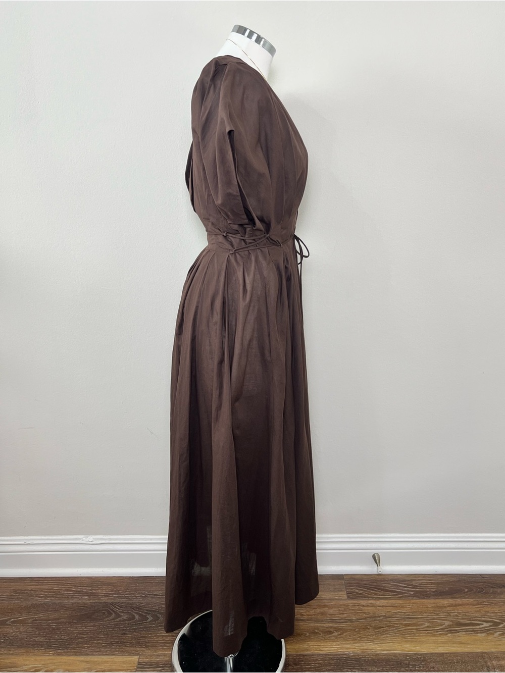 NWT Zara Brown Cotton Poplin Puff Sleeve Midi Dress Size M Pockets - Picture 4 of 12